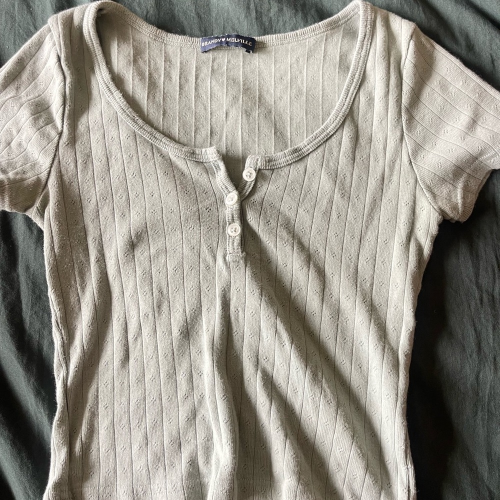 Brandy Melville Cream Ribbed Henley Scoop Neck Top
